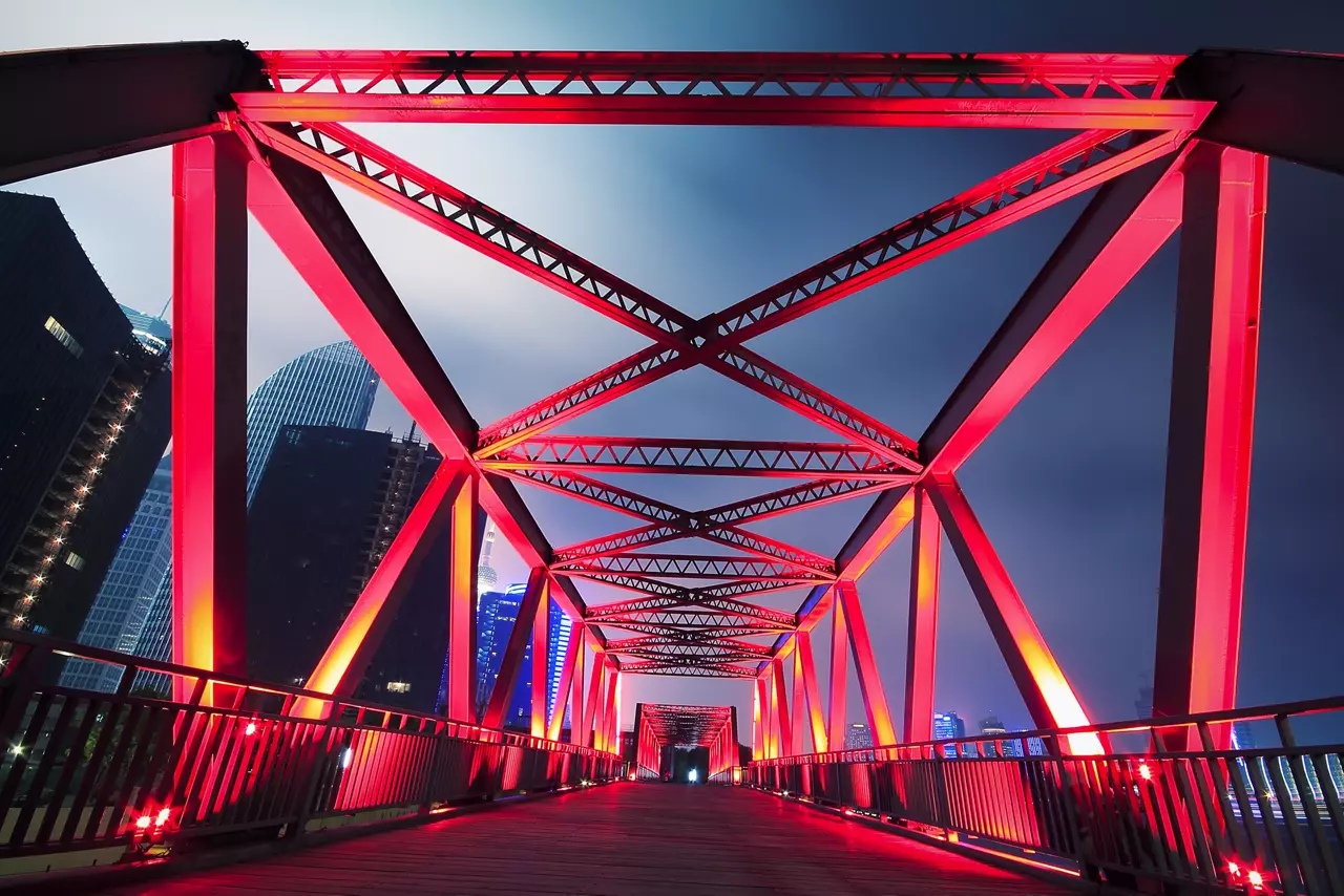 Steel structure bridge close-up night scene